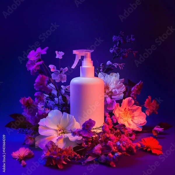Fototapeta Elegant floral arrangement with a spray bottle set against a vibrant minimalist purple background featuring contemporary cinematic lighting for a serene nature inspired atmosphere