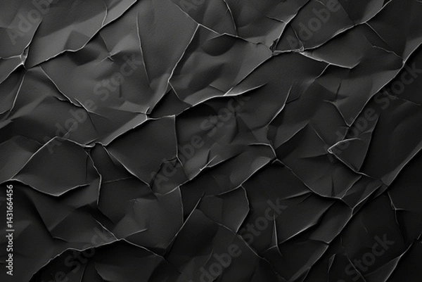Fototapeta textured black paper background with crumpled and wrinkled surfaces, creating dramatic and artistic appearance. deep shadows and highlights enhance visual interest