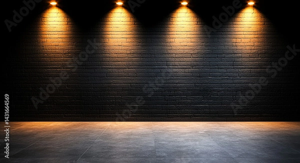Obraz dimly lit space featuring black brick wall illuminated by three warm spotlights, creating dramatic atmosphere perfect for showcasing art or photography