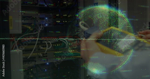 Obraz Data processing and globe against mid section of a engineer at computer server room