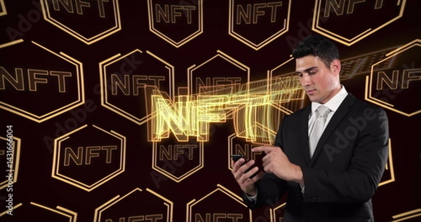 Fototapeta Image of nft over nft in hexagons over caucasian businessman using smartphone