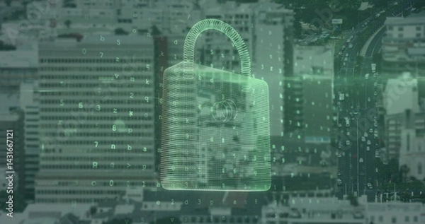 Fototapeta Image of data processing and padlock over cityscape