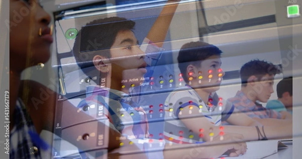 Fototapeta Image of server room over diverse schoolkids in classroom