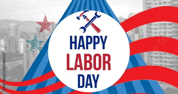 Obraz Image of happy labor day text over cityscape