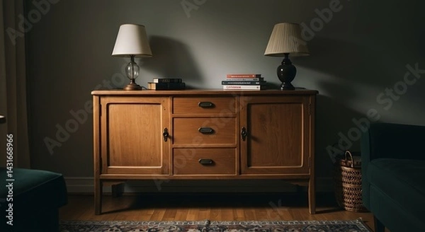Obraz Wooden Cabinet with Lamps and Books