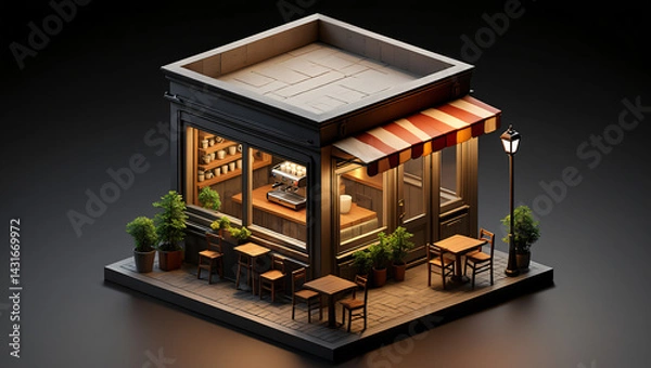 Obraz Isometric 3D Model of a Charming Coffee Shop at Night