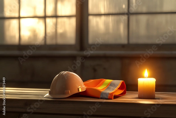 Fototapeta Memorial Day Workplace Scene with Candle and Empty Gear.