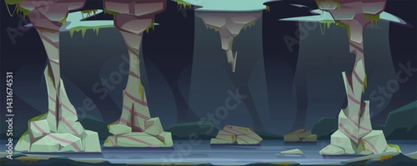 Fototapeta Cave with stone pillars and underground river or lake. Under the arch of the cave are openings through which sunlight and vegetation penetrate. Nature scene, landscape, environment, vector cartoon.