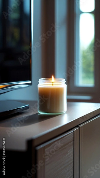Obraz Cozy Home Scene with Burning Candle and TV