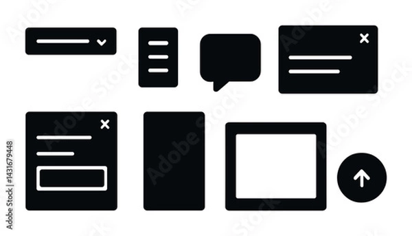 Obraz Digital interface solid icons set – silhouette style for ui design, web components, and app development: dropdown, menu, chat bubble, notification, form, arrow, window.