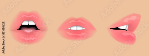 Fototapeta Beautiful female naturalistic lips in nude style, without makeup, on beige skin background. Set of vector illustrations