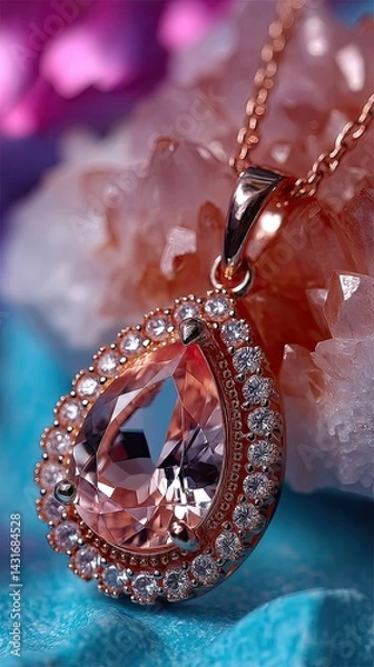 Obraz Pear-shaped morganite surrounded by diamonds on a rose gold chain showcases elegance with light refraction in soft lighting