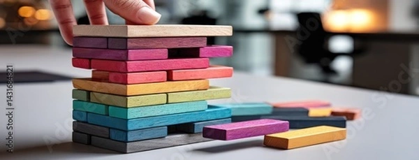 Obraz Hands adding wooden blocks in red and purple to a tower on an office table, symbolizing business growth and strategy