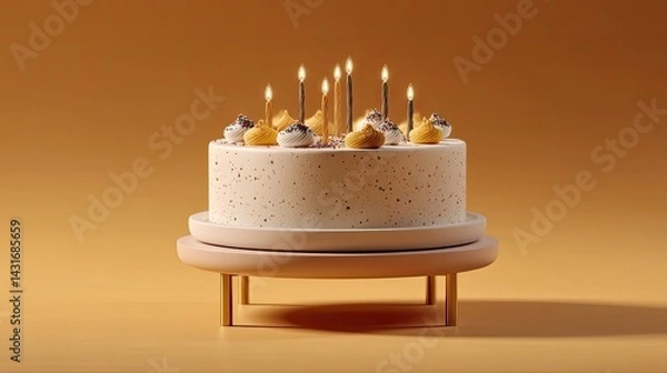 Obraz A beautiful birthday cake adorned with candles and sprinkles sits against a plain backdrop, highlighting its festive appeal and elegance