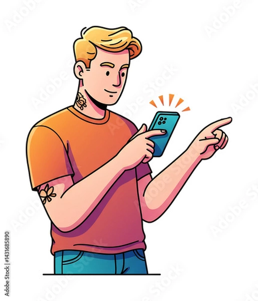 Fototapeta 明るい色彩 ポップなイラスト 若い男性 スマートフォン操作 指さし笑顔