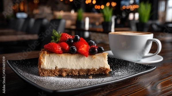 Obraz Creamy cheesecake with fresh berries sits elegantly on a plate in a warm, inviting cafe ambiance, perfect for dessert lovers