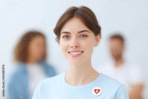 Obraz minimalistic image captures smiling individual with  blood save lives badge with blurred figures of diverse people