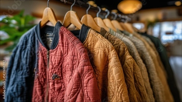 Obraz A collection of woolen jackets in various colors and styles hang gracefully on wooden hangers, illuminated by natural light
