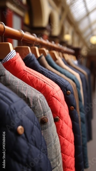 Obraz A collection of woolen jackets in various colors and styles hang gracefully on wooden hangers, illuminated by natural light