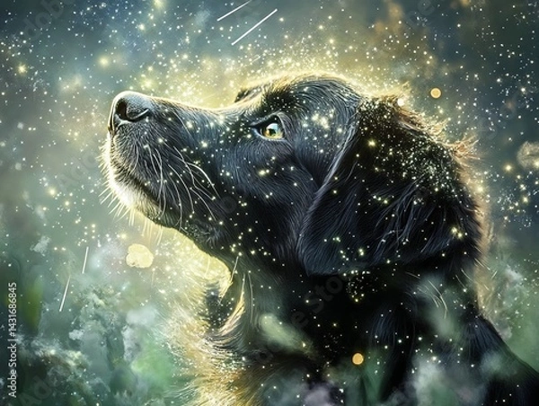 Obraz Black Labrador gazing upwards in a magical forest setting  