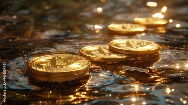 Fototapeta Liquid gold coins swim in water, a sparkling treasure beneath the surface