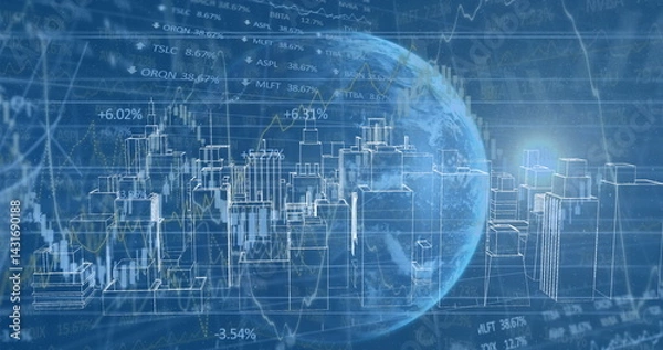 Fototapeta Image of globe and financial data processing over 3d cityscape drawing