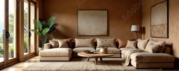 Fototapeta Rustic living room with mocha mousse walls and cozy furniture, home, living room