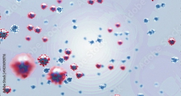 Fototapeta Image of covid 19 cells floating over purple background