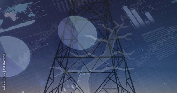 Obraz Statistical data processing over tree icon and mobile network tower against sunset sky