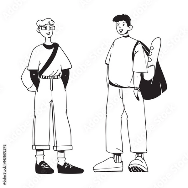 Obraz Friends stand and communicate with each other. Black and white minimalist vector illustration.