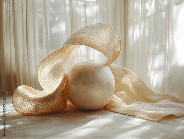 Fototapeta Light beige sphere nestled within a flowing textured fabric drape Sunlit scene