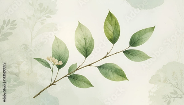 Obraz Delicate Green Leaf Branch with Flowers Illustration