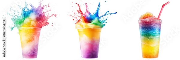 Fototapeta transparent png background. Ai generated - Set of A vibrant display of rainbow slushies with ice cubes and fruit garnishes transparent png background. Ai generated