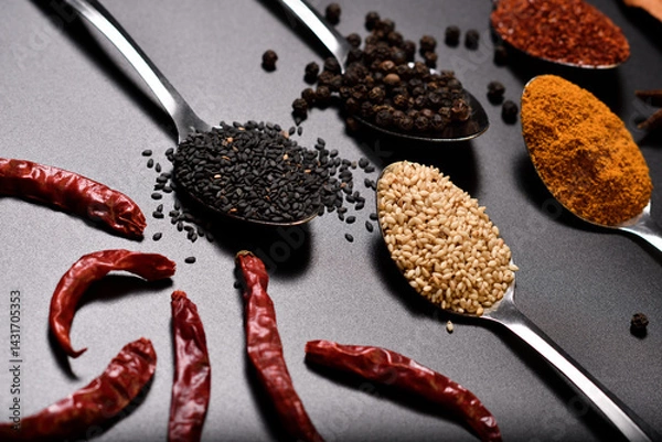 Obraz Horizontal group of spices, sesame, pepper, turmeric, cayenne peper