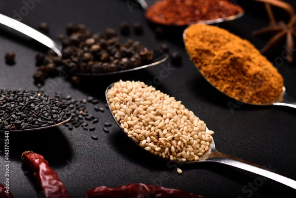 Obraz Horizontal soft focus group of spices, sesame, pepper, turmeric, cayenne peper