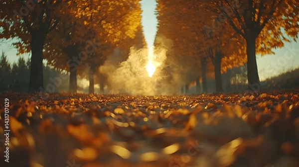 Fototapeta Golden autumn leaves blanket path between trees sunlit misty