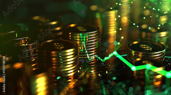 Obraz Growing money, finance and investment. Coins stack the growth comparison year 2024 to 2025 with a green success graph in 2025. business growth, profit,