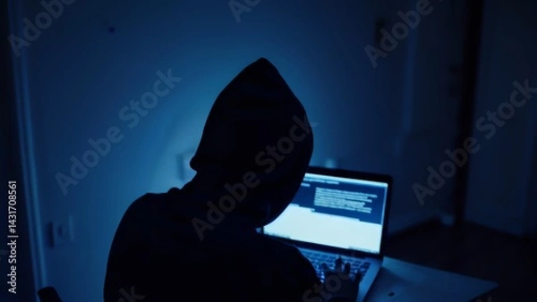 Obraz Hacker hacks programs. Computer scammer. Programmers working intently on laptop, typing in dark room with shadowy atmosphere, evoking cybersecurity intensity and digital intrigue