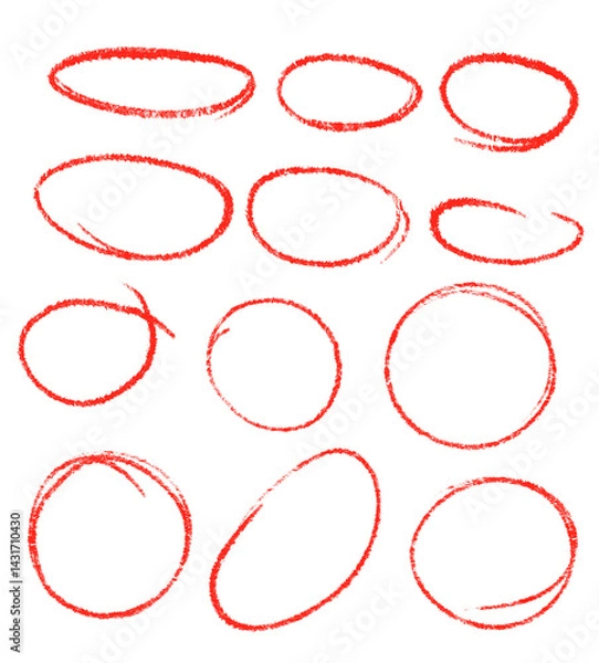 Fototapeta Various red circles drawn with crayon.