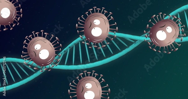 Obraz Floating brown virus particles circling twisting teal DNA helix in abstract scientific graphic