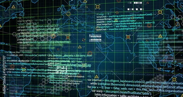 Fototapeta Image of data processing and markers over world map