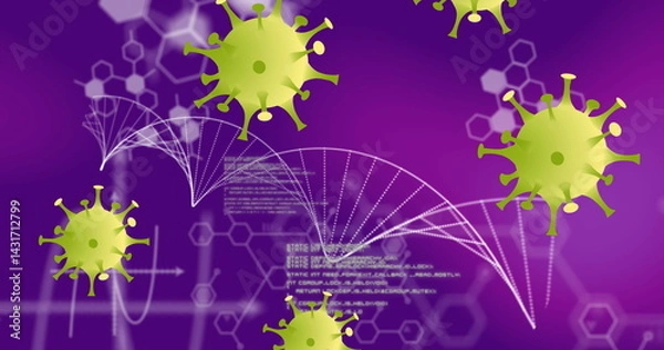 Obraz Displaying green spiky virus icons floating in digital backdrop, DNA helix and hexagon motifs