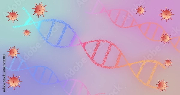 Obraz Displaying gradient DNA helix floating diagonally in digital abstract graphic, with virus particles