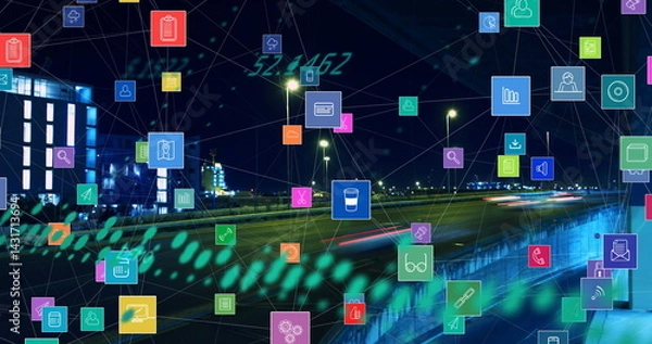 Fototapeta Image of graph, technology icons and cityscpae at night