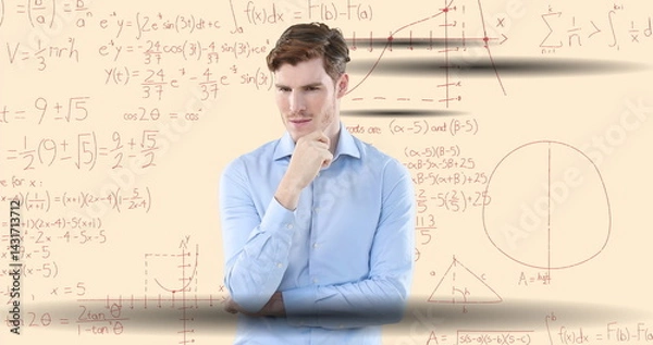 Obraz Image of caucasian businessman thinking on white background with math symbols