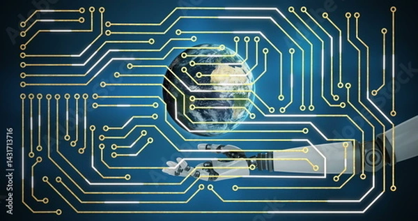 Fototapeta Image of integrated circuit over globe and arm of robot