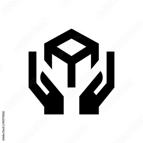 Fototapeta Two hands holding a geometric cube shape with care and support depicted in a simple black and white style