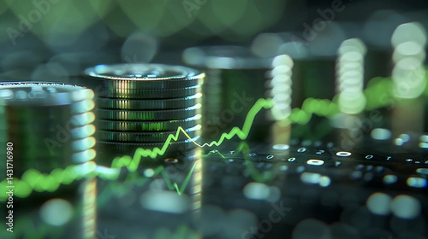 Obraz Growing money, finance and investment. Coins stack the growth comparison year 2024 to 2025 with a green success graph in 2025. business growth, profit,