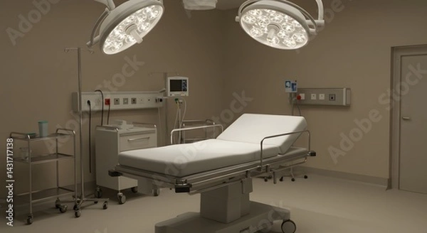 Obraz Empty birthing bed in hospital delivery room with soft lighting