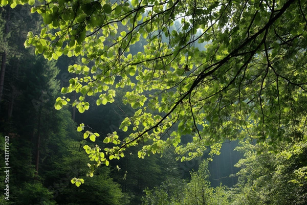 Obraz Immerse in vibrant spring! Sunlight filters through a dense forest canopy. Ideal for nature & wellness themes.